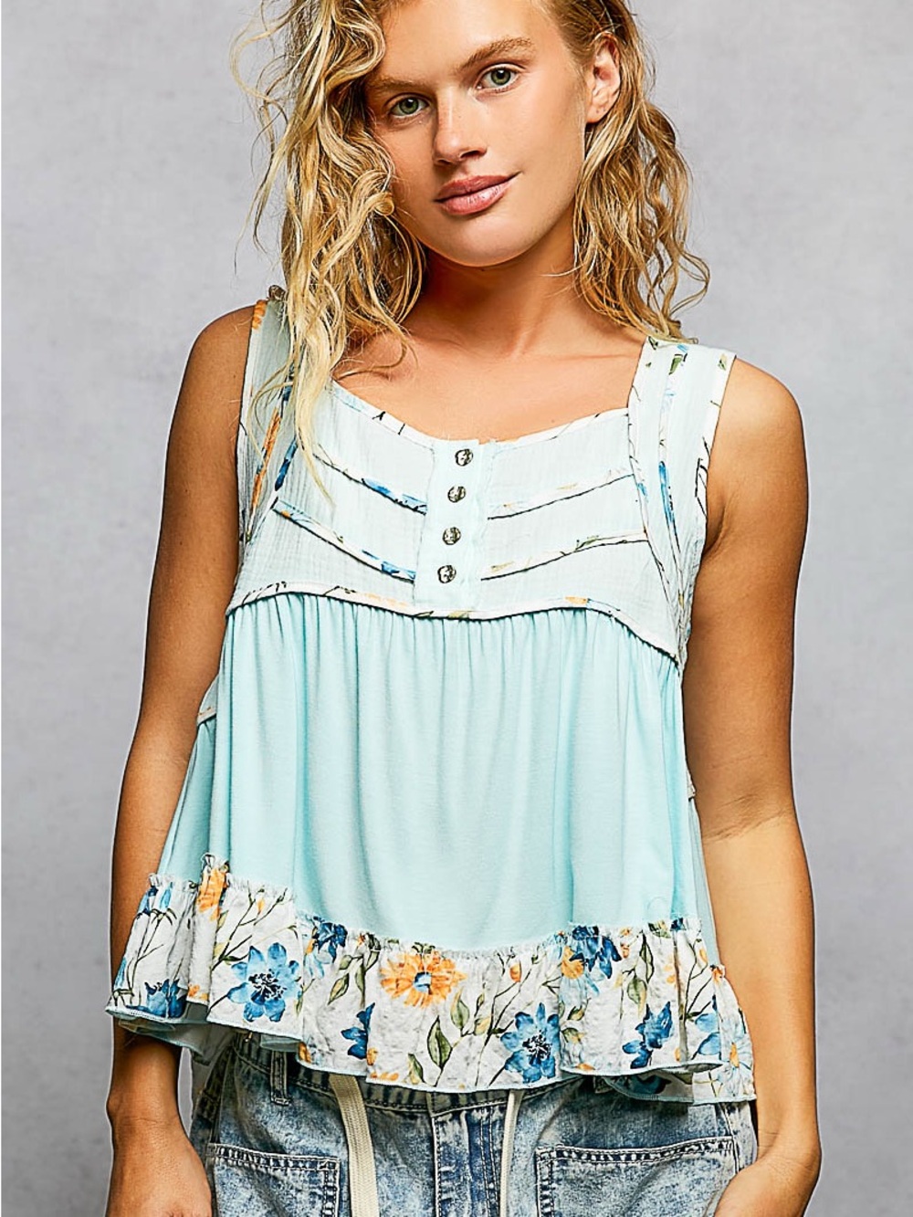 POL Pale Sky Floral Trim Sleeveless Peasant Top